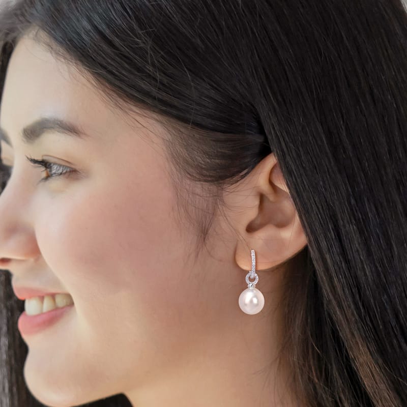 Miadora White South Sea Cultured Pearl and 1/10ct TDW Diamond Hoop Earrings in 14k White Gold