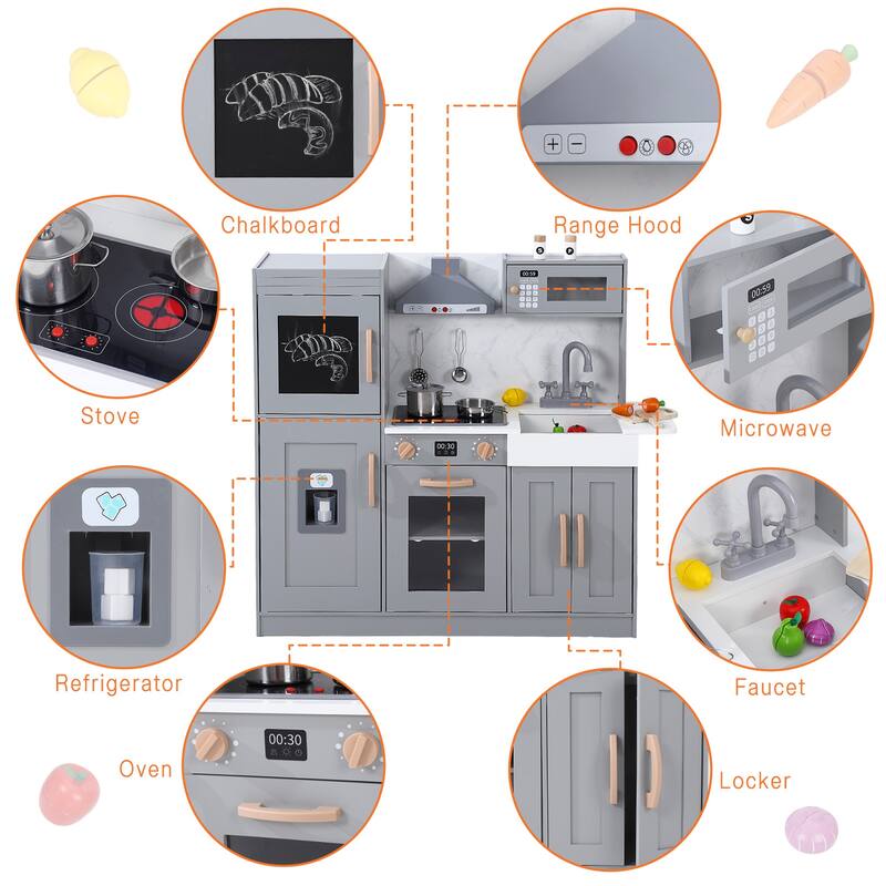 Wooden Play Kitchen for Kids with Cookware Playset,Lights & Sounds,20 Accessories and Ice Maker,Microwave,Oven,Range Hood,Sink