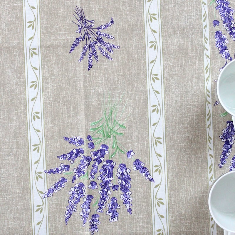 Wipeable Spill Resistant Provencal Cotton Cannes Collection Tablecloth - 60 x 78 in - Taupe Lavender Stripes