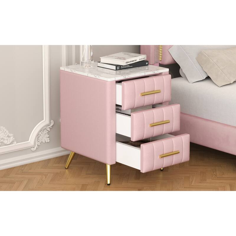 Upholstered Wooden 3-Drawer Nightstand - Metal Legs/Handles + Marbling Sticker Top Bedside Table (Pink)