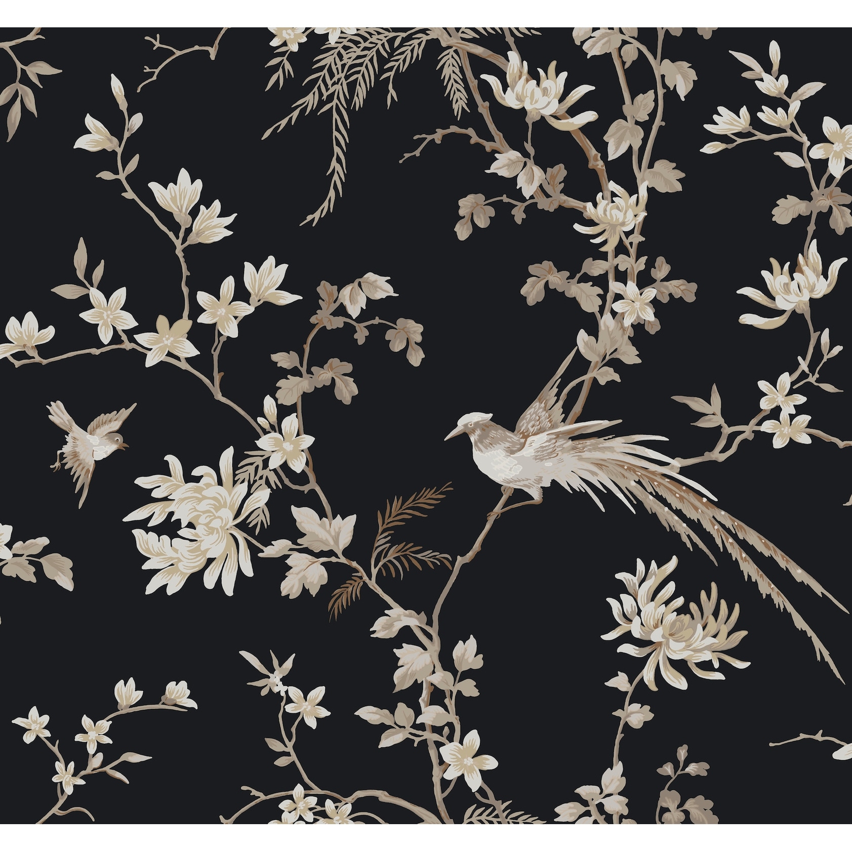 Ronald Redding Bird & Blossom Chinoserie Black Wallpaper