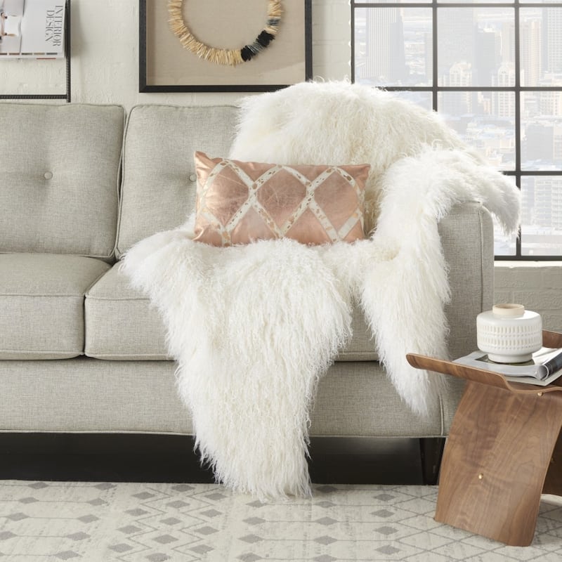 HomeRoots 12" X 20" Rose Gold and White Metallic and Cowhide Throw Pillow