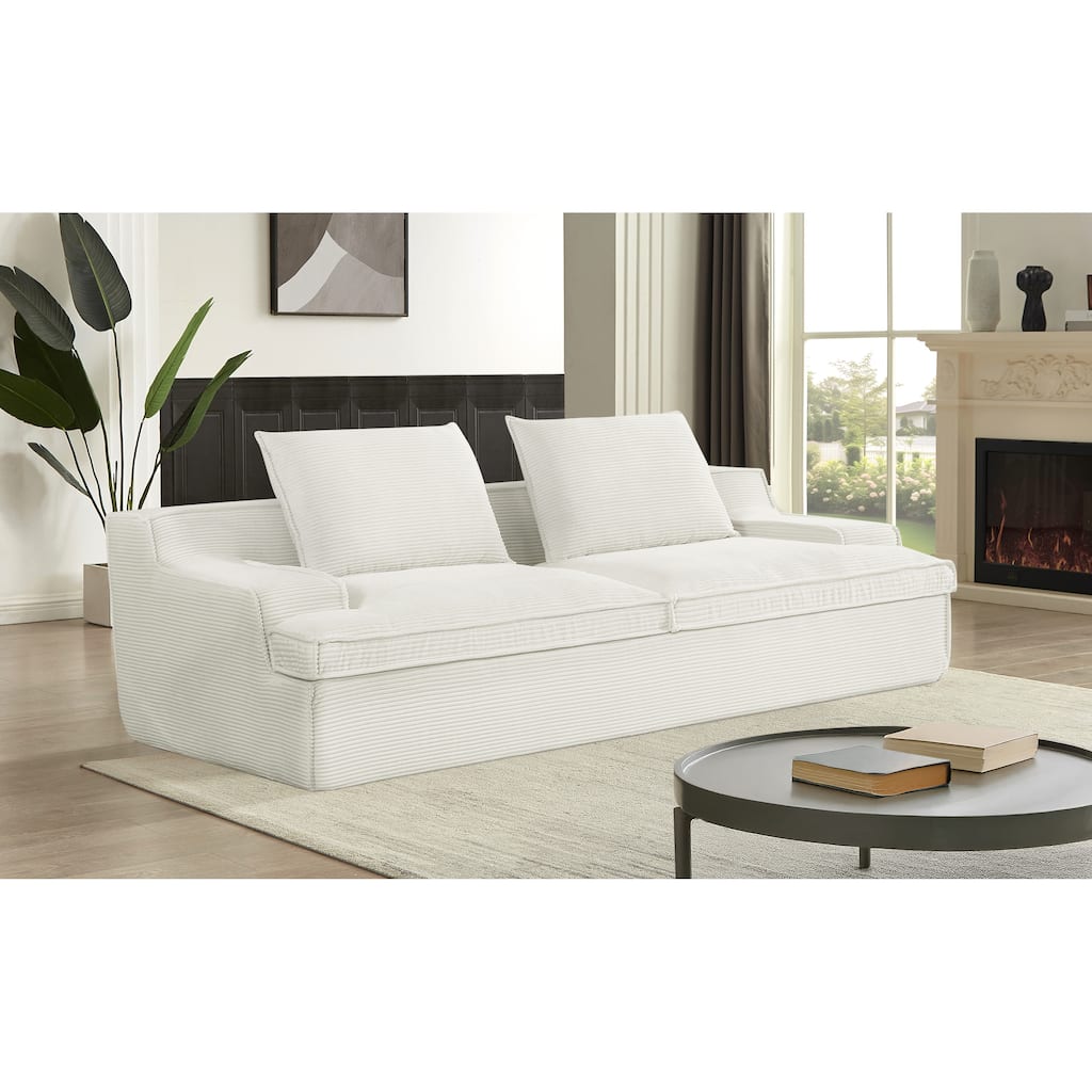 Oversized Full Foam 4 Seater Corduroy Couch, 90 Inch Wide, Ivory, No Assembly