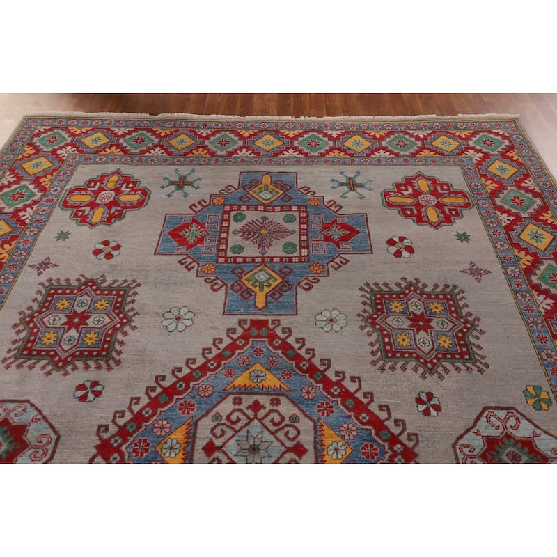 Grey Geometric Kazak Area Rug Hand-Knotted Wool Carpet - 8'2"x 11'5"