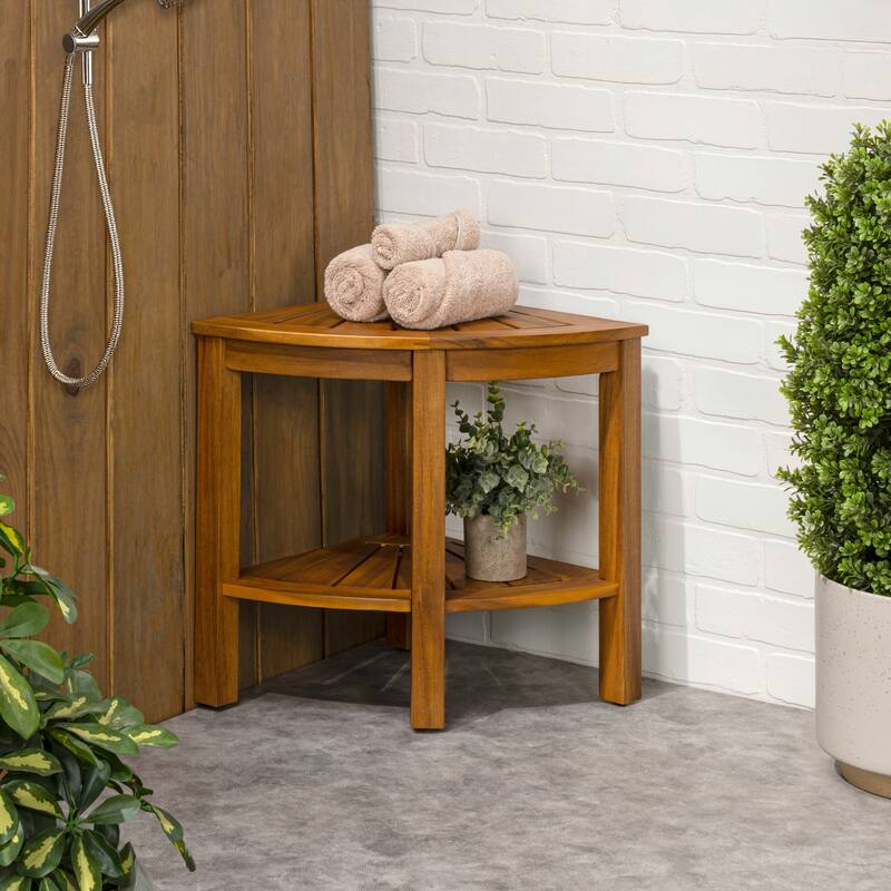 Maris 18" Solid Acacia Wood Indoor/Outdoor Corner Shower Bench with Shelf, By JONATHAN Y - 15.94L x 15.94W x 18.11H