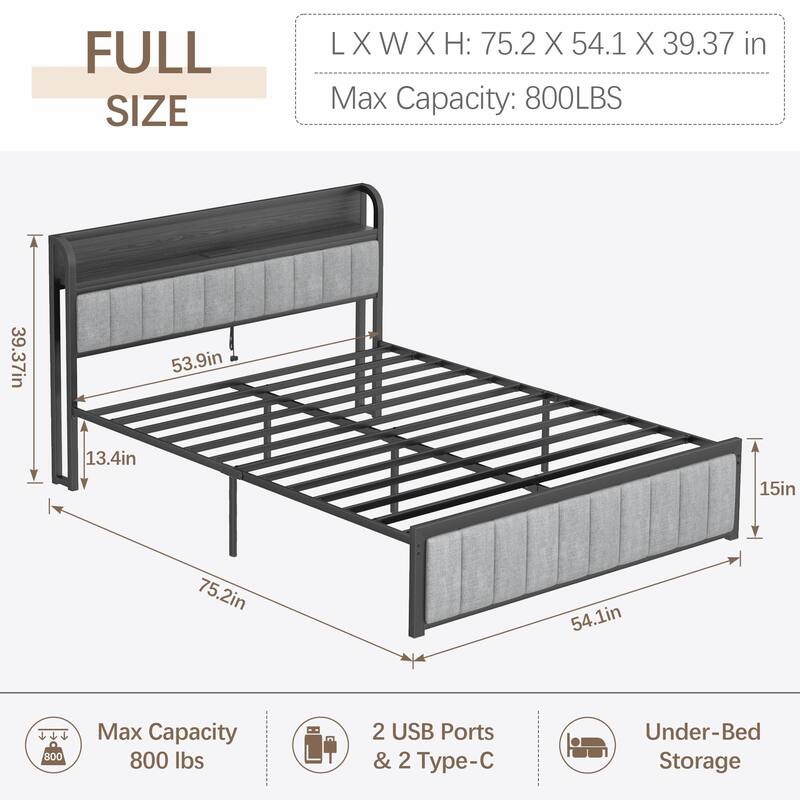 VECELO Upholstered Platform Bed Frame with Storage Headboard and Charging Station, Twin Full Queen Size