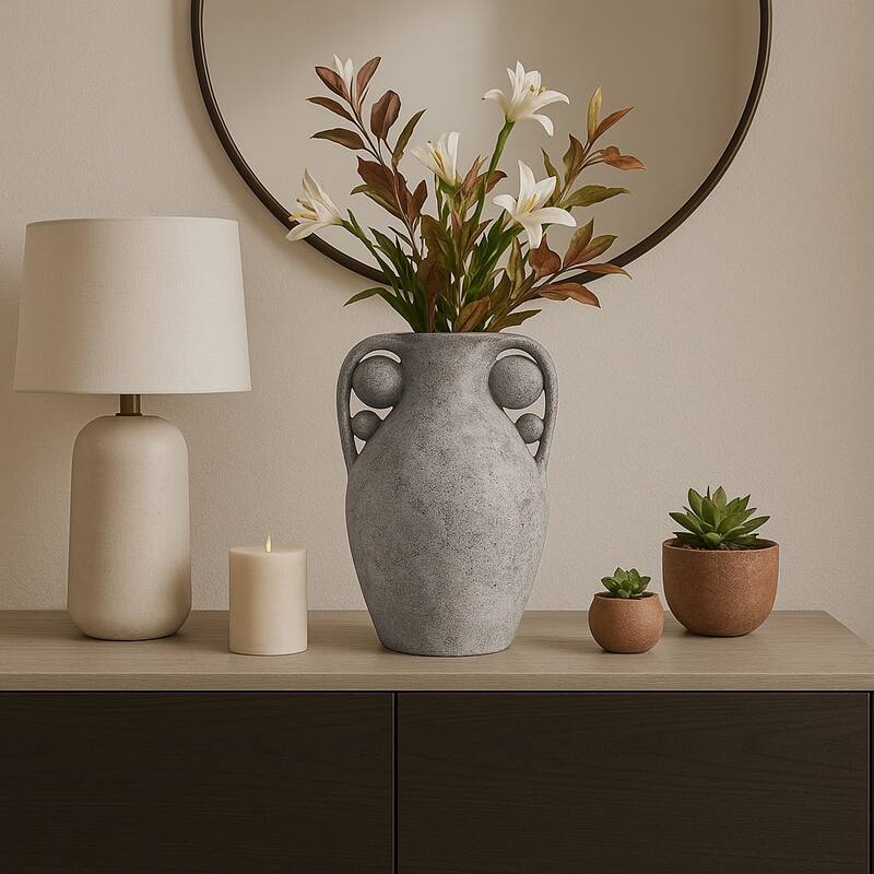 Terracotta Amphora Vase with Orbs Under Handles - Gray, 26"