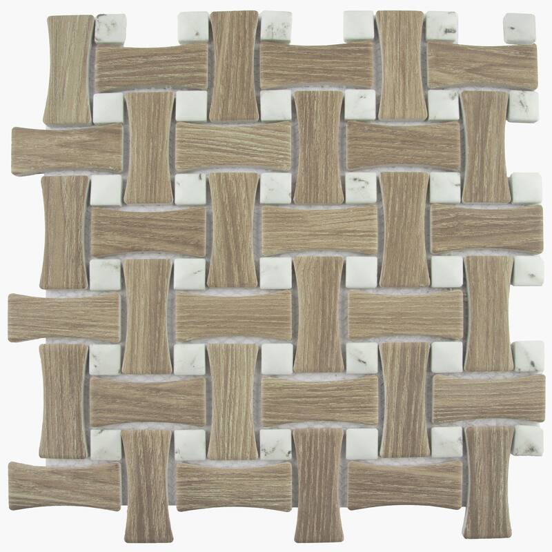 Merola Tile Llama Dog Bone Basketweave Noce/Calacatta Dot 10" x 10" Porcelain Mosaic Floor and Wall Tile