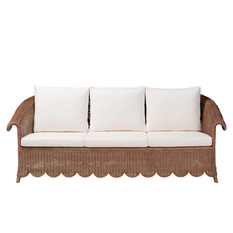 Detta Natural Rattan Sofa with Cushion - Handwoven Wicker Settee with Rolled Arms and Scalloped Skirt Base, Boho Coastal Style