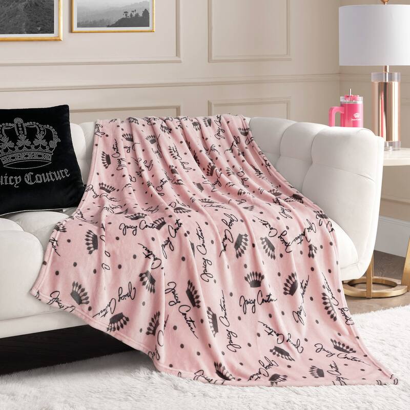Juicy Couture Crown Script 50" x 70" Plush Throw - 50 x 70 - Blush/Grey