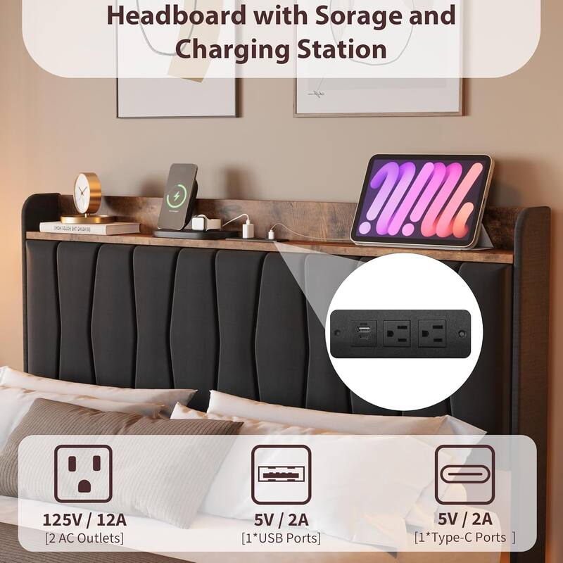 Floating Upholstered Bed Frame with LED Lights, USB Charging Station, Solid Slats, Easy Assembly