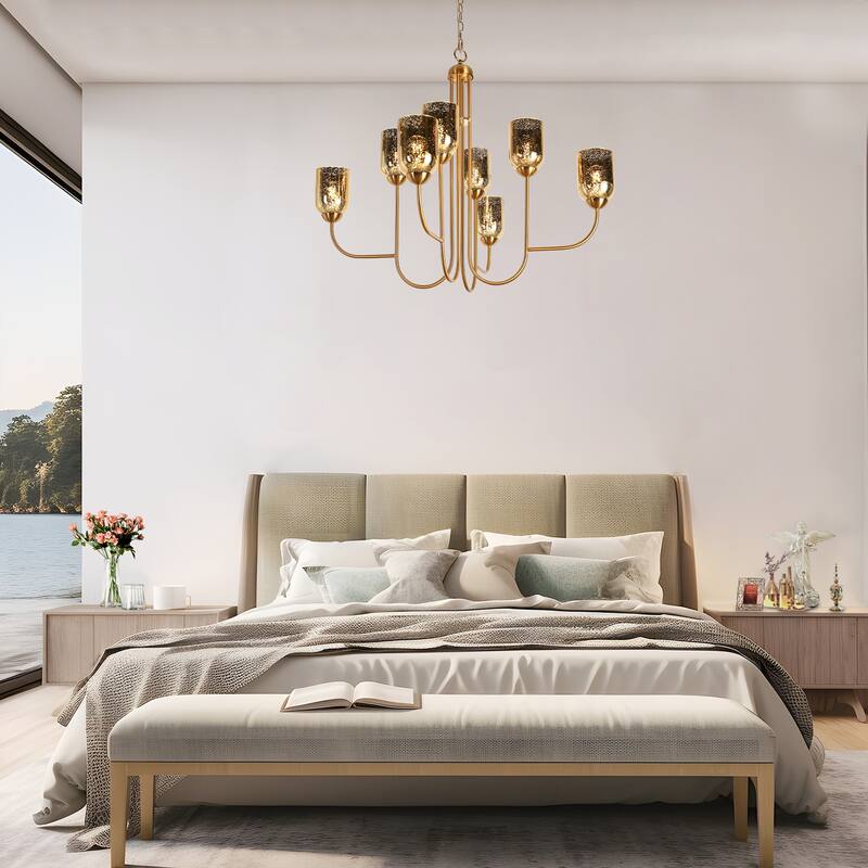 Modern 8-Light Gold Chandelier with Textured Wine Glass Shades for Dining Living Room