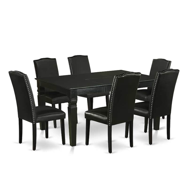 Coastal Charm Dinette Set - 7Pc Rectangular Table & 6 Chairs - 42/60" Table with Leaf - Black PU Leather