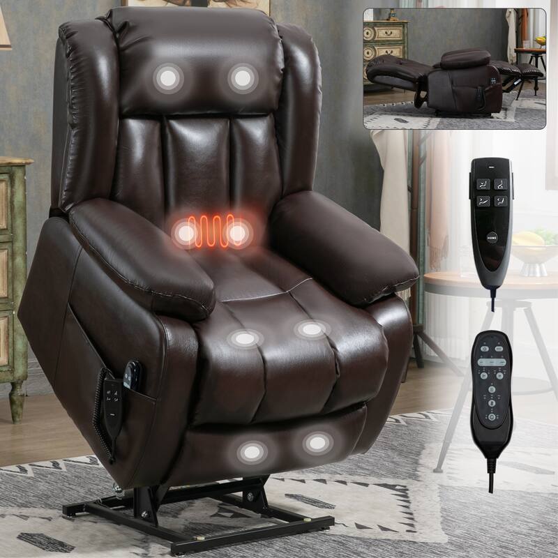 Brown Power Lift Recliner with Dual Motors, 8-Point Vibration Massage, and Heated Lumbar Support