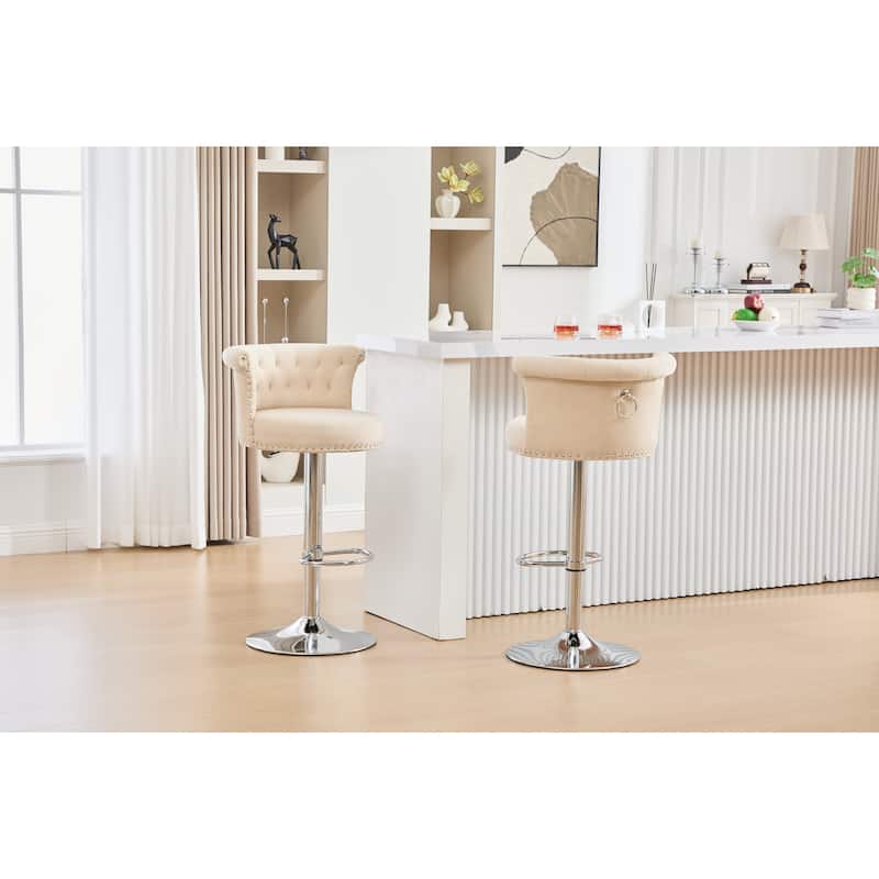 Velvet Bar Stool Set of 2, Adjustable Swivel Bar Stools with Silver Plated Metal Leg, Chrome Nailhead, Counter Height Chair