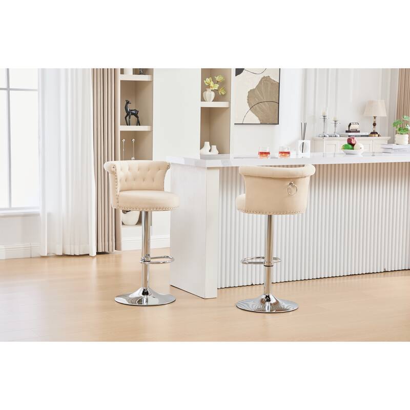 Velvet Upholstered Bar Stool Set of 2, Adjusatble Height Swivel Bar Stools, Dining Chairs with Curved Backrest & Footrest