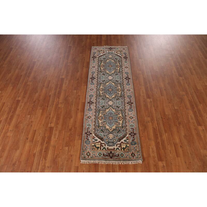 Gray Geometric Heriz Serapi Indian Runner Rug Hand-Knotted Wool Carpet - 2'7" x 7'11"