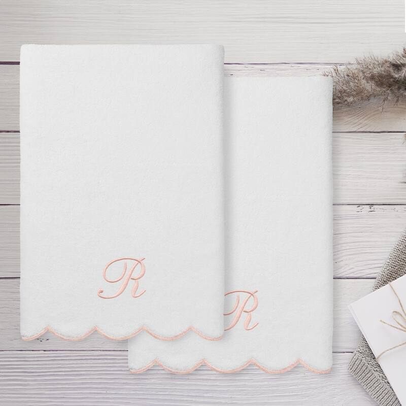 Authentic Hotel and Spa 100% Turkish Cotton Pink ADORNIA Scallop Personalized 2 Piece Bath Towel Set - 2 Bath Towels