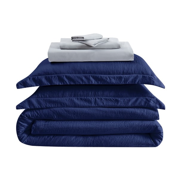 slide 2 of 9, Truly Calm Antimicrobial Seersucker 7 Piece Bed in a Bag Navy/Grey - King