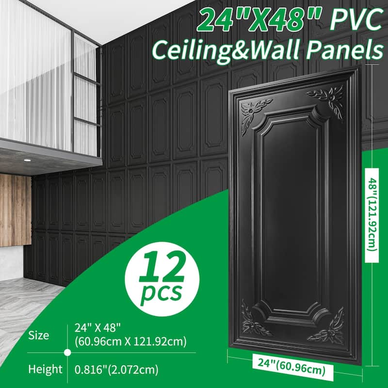 Art3d 12-Pack 24"x48" PVC 3D Wall Panel & Drop Ceiling Tiles, Cover 96 Sq.Ft. - Black