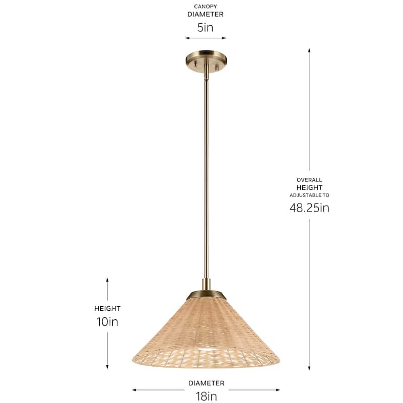 Kichler Lighting Bekah 18 Inch 1 Light Convertible Pendant with Opal Glass and Handwoven Rattan Shade in Champagne Bronze
