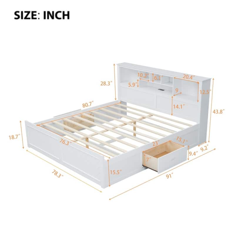 King Size Wood Platform Bed with Multi-storage Headboard, USB and Drawers