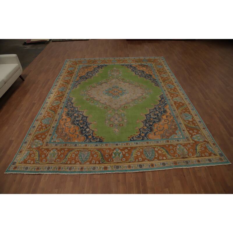 Hand Knotted Oriental 100% Wool Carpet Traditional Floral Green Tabriz Area Rug - 12' 4'' X 9' 8''