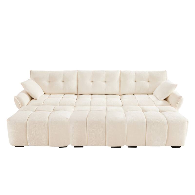 3 - Seater Sofa Set With 3 Ottomans And Pillows, Sturdy Solid Wood Frame In Elegant Textured Chenille