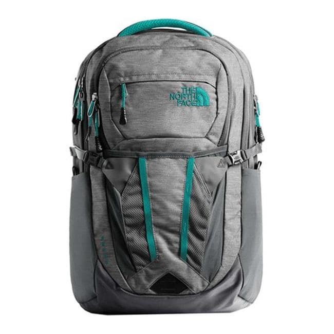 grey and teal north face backpack