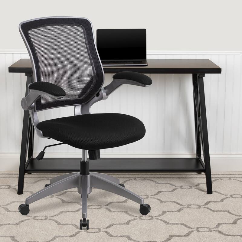 Mid-Back Mesh Swivel Ergonomic Task Office Chair with Gray Frame and Flip-Up Arms - Black