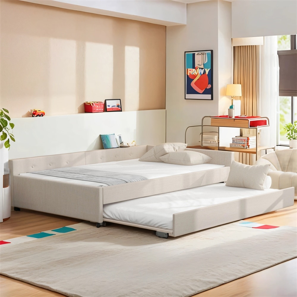 Full Size Upholstered Platform Bed with USB & Twin Size Trundle, Beige