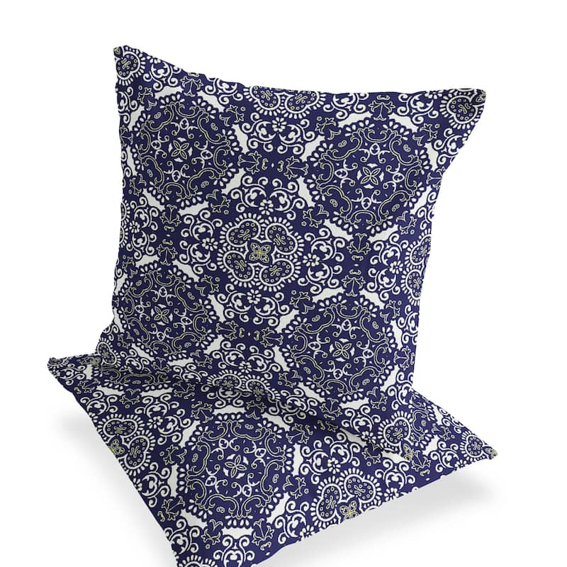 HomeRoots Set of Two 16" X 16" Blue and White Blown Seam Damask Indoor Outdoor Throw Pillow - 16.00' X '16.00' X '5.00