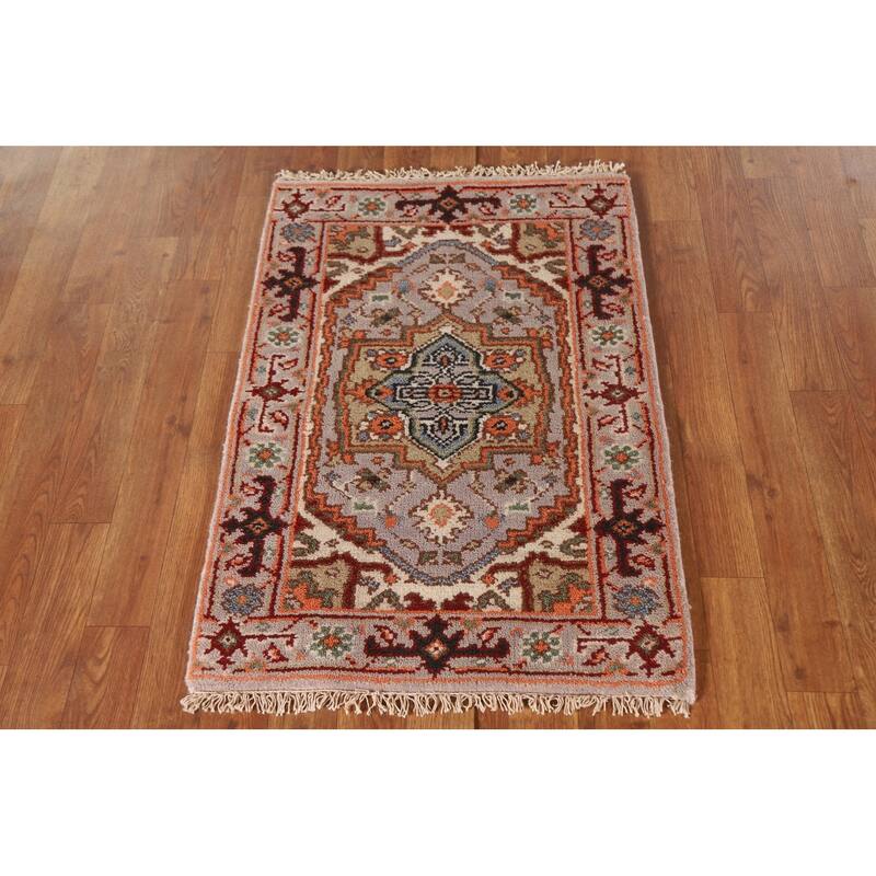 Geometric Heriz Serapi Indian Rug Hand-Knotted Grey Wool Carpet - 2'0"x 3'0"