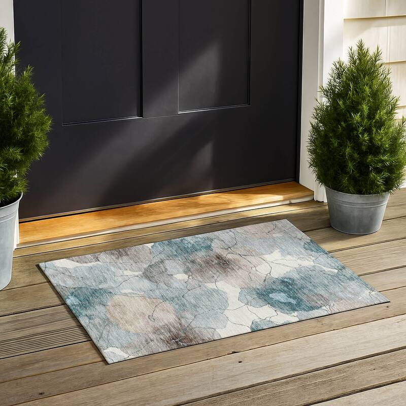 Machine Washable Indoor/ Outdoor Floral Mara Chantille Rug - Teal - 1'8" x 2'6"