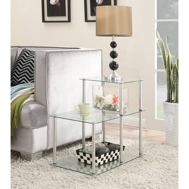 Glass Step End Table, Modern 3 Tier Accent Side Table with Tempered Glass Shelves for Display and Storage Needs - 26