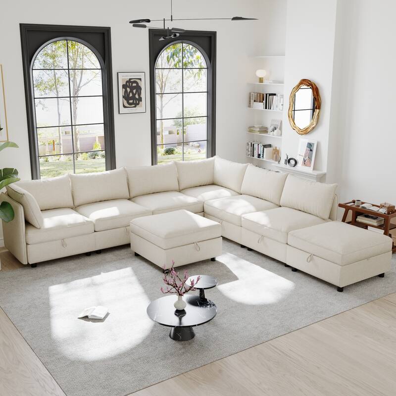 Oversized Modular Sectional Sofa Bed Convertible Sleeper Sofa Set 8-seat Daybed with 2 Storage Ottomans and Chaise Lounge - Beige
