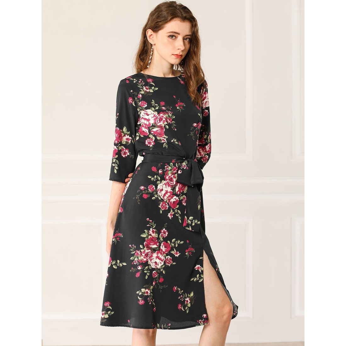 Women's Floral Print Self Tie Front Split Back Keyhole Short Dress - Black