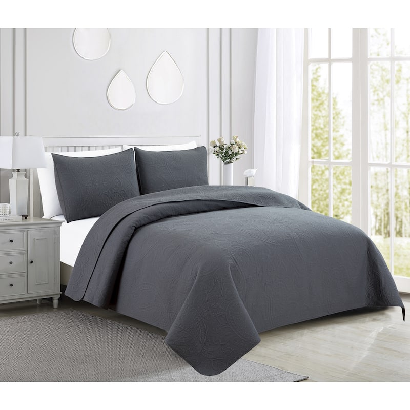 Bedford Lane Collection Embroidered Paisley Cotton Shell Quilt Set - 5 color way - Charcoal - Twin - 2 Piece