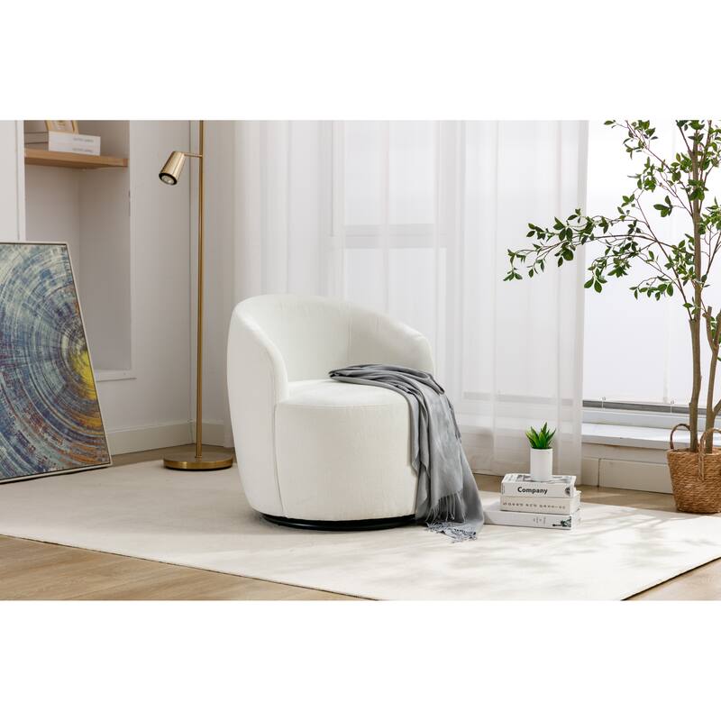 Ivory Chenille Modern 25.6" Upholstered Swivel Barrel Chair with Black Powder Coating and Metal Ring