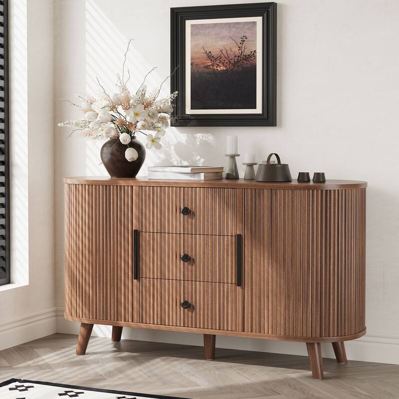 Fluted Sideboard Buffet Cabinet with Tambour Sliding Doors, Modern Coffee Bar Console with Storage & Adjustable Shelves