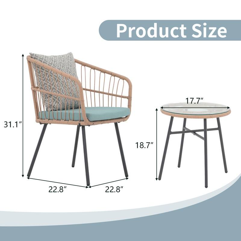 Green 3-Pc Patio Set,Wicker Chairs & Glass Table