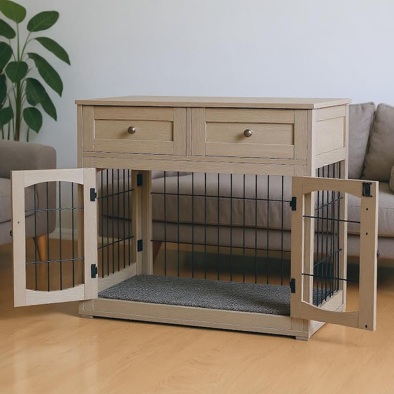 3-Doors Dog Crate Furniture, with 2 Drawers