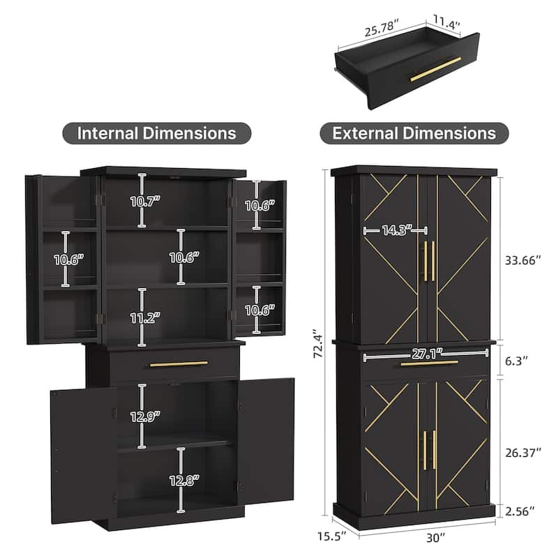 Moasis 72" Tall Kitchen Pantry Storage Cabinet with 4 Door and Drawers