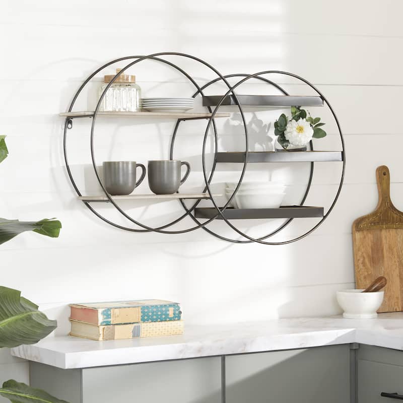Metal Geometric Overlapping Circle 5 Level Wall Shelf with Wood Accents - Black - Roche River Decor
