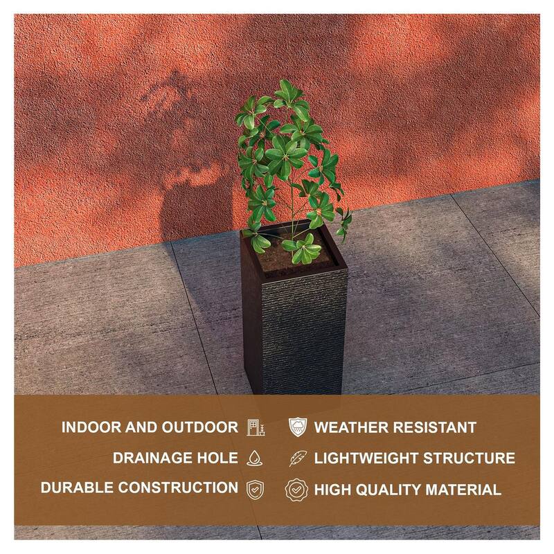 Basalt Modern Tall Square MGO Fiberstone Planter with Drainage, Weather-Resistant Indoor & Outdoor Patio Pot