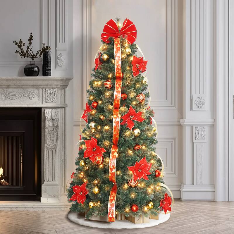 Puleo International 6' Pre-Lit Artificial Pop-Up Adorned Christmas Tree with 200 Incandescent Lights