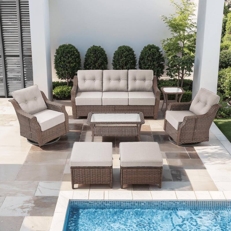 7PCS Outdoor Sofa Glider Chair Table with Ottoman - Brown Wicker & Beige Cushion - 7PCS Sofa Glider Chair Table with Ottoman
