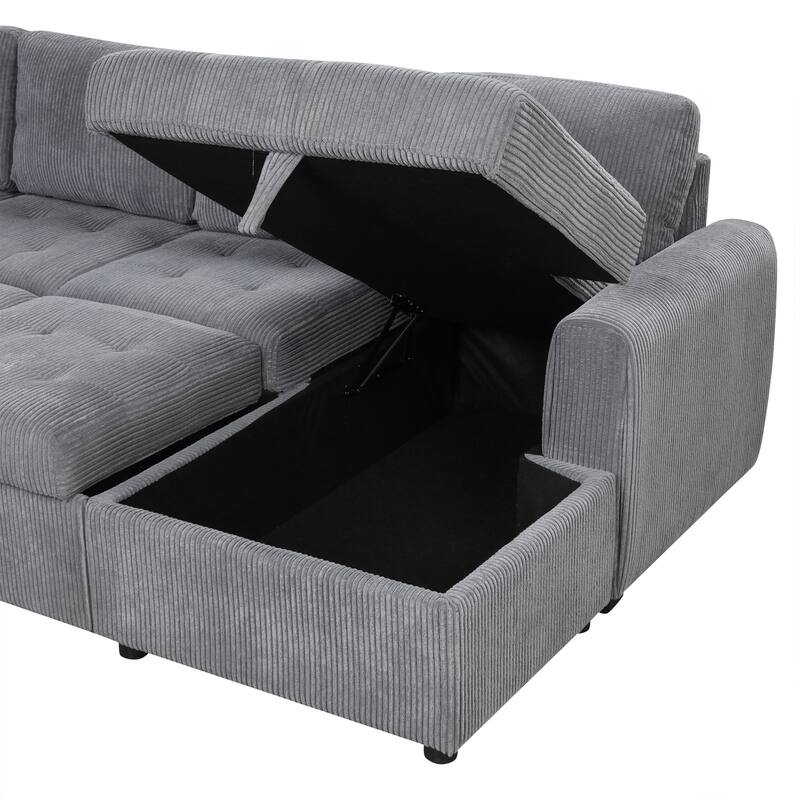107.5" U-Shaped Corduroy Sectional Sofa with Pull-Out Bed, Storage Chaise, USB Ports and Power Sockets (5-Seater)