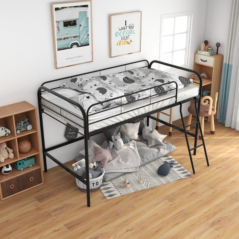 Black Twin Metal Loft Bed Frame with Stairs and Full-Length Guardrail - Black