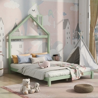 Green Full Size Wood Platform Bed with House-shaped Headboard for Kids, Boys and Girls